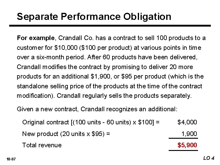 Separate Performance Obligation For example, Crandall Co. has a contract to sell 100 products
