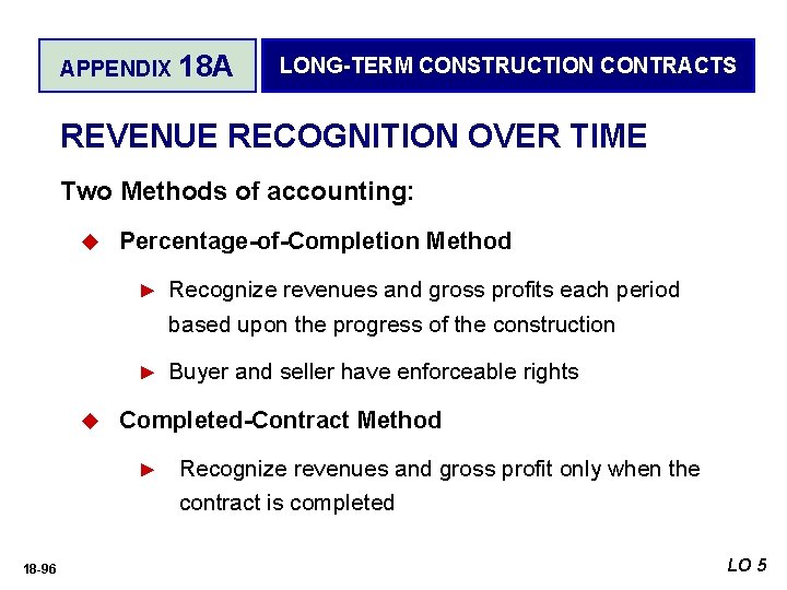 APPENDIX 18 A LONG-TERM CONSTRUCTION CONTRACTS REVENUE RECOGNITION OVER TIME Two Methods of accounting: