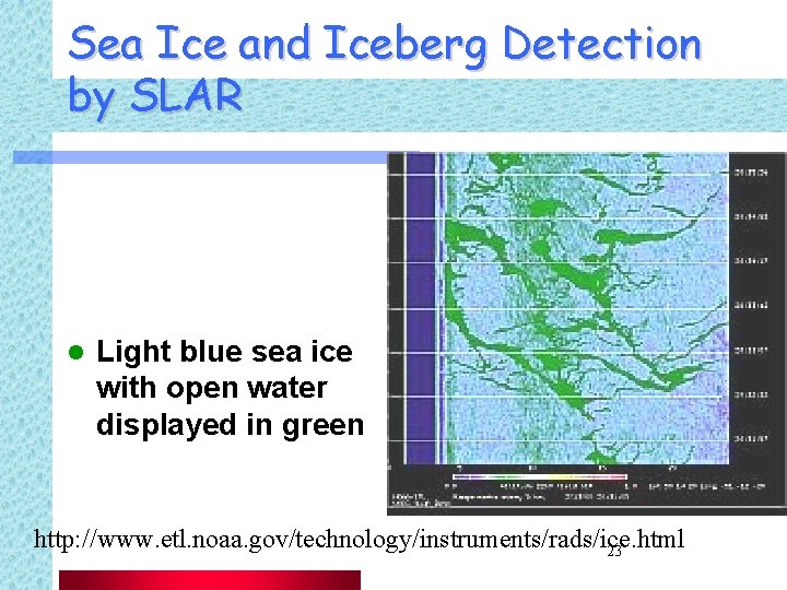 Sea Ice and Iceberg Detection by SLAR l Light blue sea ice with open