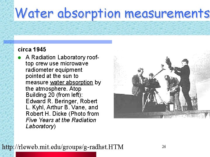 Water absorption measurements circa 1945 l A Radiation Laboratory rooftop crew use microwave radiometer