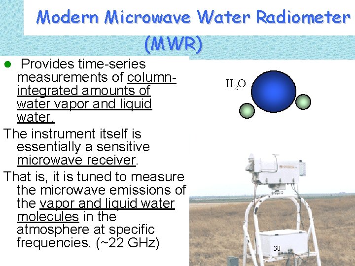 Modern Microwave Water Radiometer (MWR) Provides time-series measurements of columnintegrated amounts of water vapor