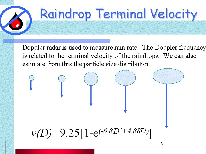Raindrop Terminal Velocity Doppler radar is used to measure rain rate. The Doppler frequency