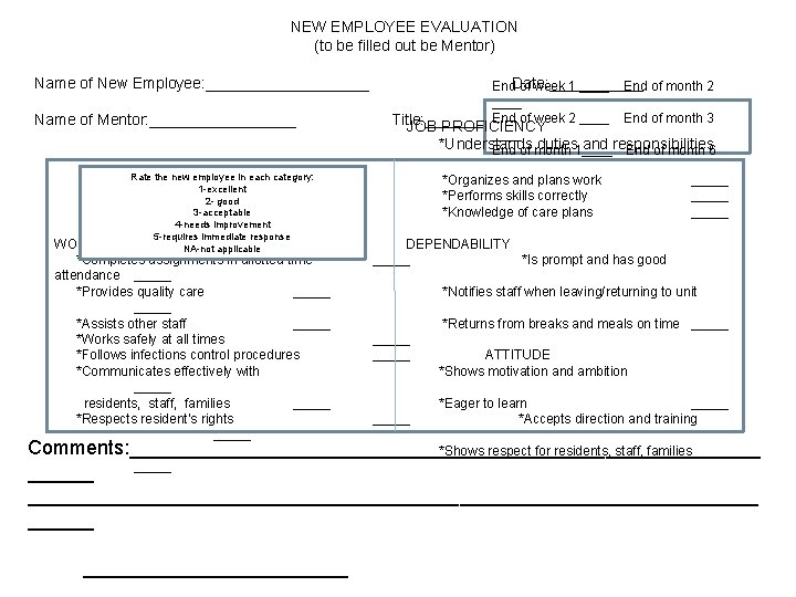 NEW EMPLOYEE EVALUATION (to be filled out be Mentor) Name of New Employee: __________