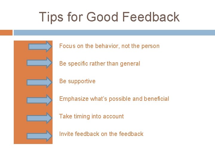 Tips for Good Feedback Focus on the behavior, not the person Be specific rather