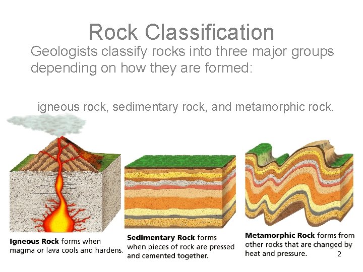 - Classifying Rocks Rock Classification Geologists classify rocks into three major groups depending on