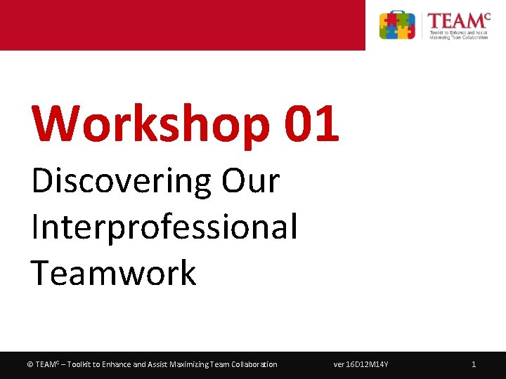 Workshop 01 – Discovering Our Interprofessional Teamwork Workshop 01 Discovering Our Interprofessional Teamwork ©