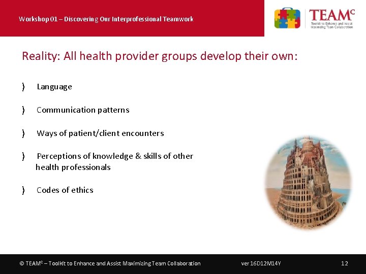 Workshop 01 – Discovering Our Interprofessional Teamwork Reality: All health provider groups develop their