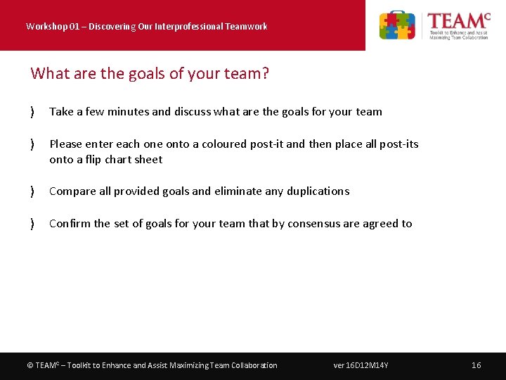 Workshop 01 – Discovering Our Interprofessional Teamwork What are the goals of your team?