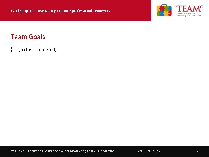 Workshop 01 – Discovering Our Interprofessional Teamwork Team Goals 〉 (to be completed) ©