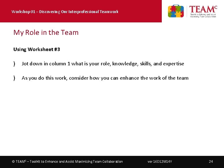 Workshop 01 – Discovering Our Interprofessional Teamwork My Role in the Team Using Worksheet