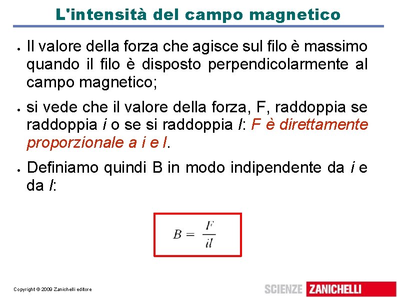 L'intensità del campo magnetico Il valore della forza che agisce sul filo è massimo