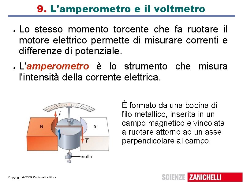 9. L'amperometro e il voltmetro Lo stesso momento torcente che fa ruotare il motore