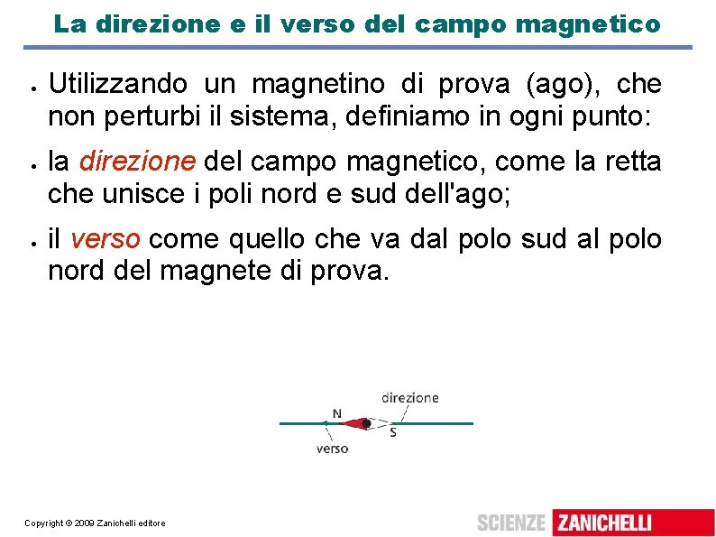 La direzione e il verso del campo magnetico Utilizzando un magnetino di prova (ago),