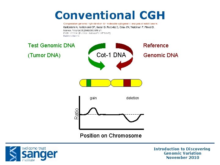 Conventional CGH Test Genomic DNA Reference Cot-1 DNA (Tumor DNA) deletion Ratio gain Genomic Conventional CGH Test Genomic DNA Reference Cot-1 DNA (Tumor DNA) deletion Ratio gain Genomic