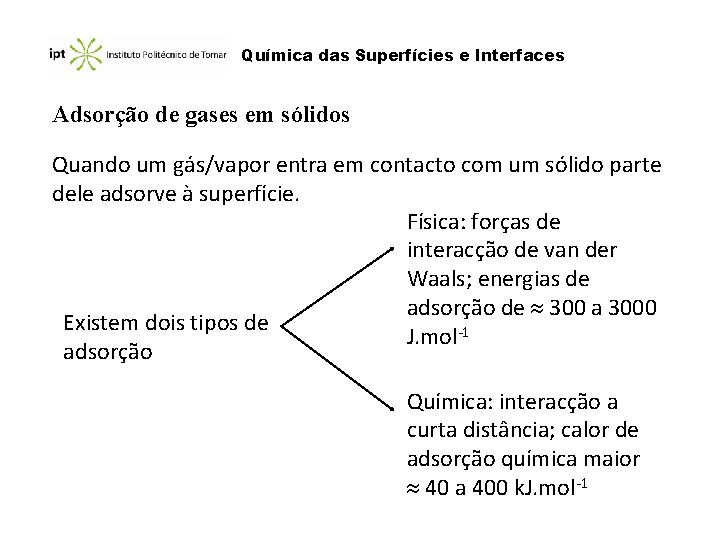 Química das Superfícies e Interfaces Adsorção de gases em sólidos Quando um gás/vapor entra