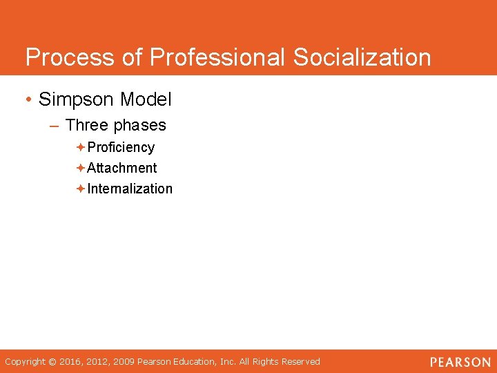 Process of Professional Socialization • Simpson Model – Three phases ªProficiency ªAttachment ªInternalization Copyright