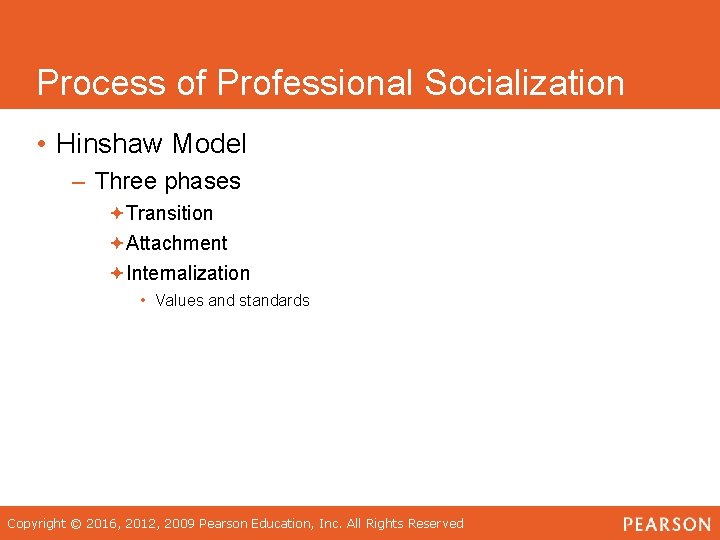 Process of Professional Socialization • Hinshaw Model – Three phases ªTransition ªAttachment ªInternalization •