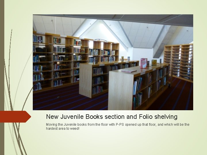 New Juvenile Books section and Folio shelving Moving the Juvenile books from the floor New Juvenile Books section and Folio shelving Moving the Juvenile books from the floor
