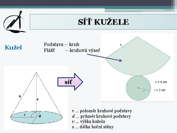 SÍŤ KUŽELE Kužel Podstava – kruh Plášť – kruhová výseč síť r. . .