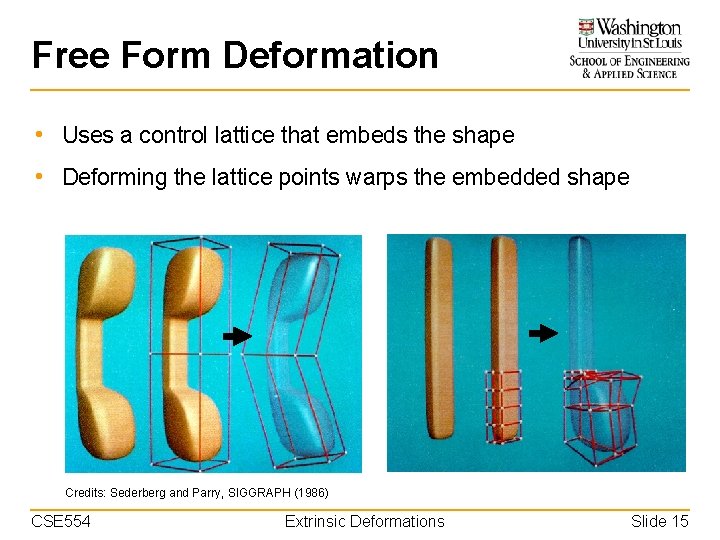 Free Form Deformation • Uses a control lattice that embeds the shape • Deforming