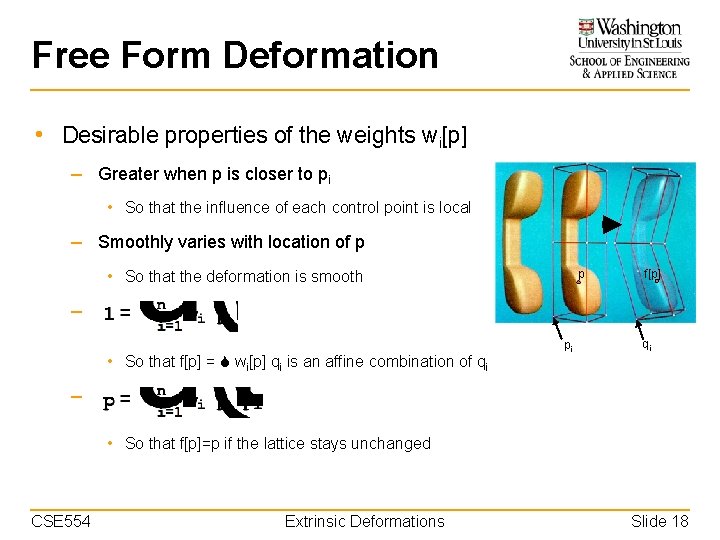 Free Form Deformation • Desirable properties of the weights wi[p] – Greater when p