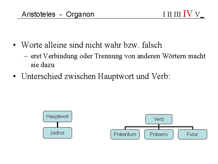 I II IV V Aristoteles - Organon • Worte alleine sind nicht wahr bzw.