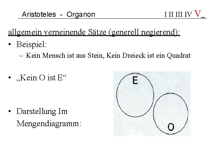 Aristoteles - Organon I II IV V allgemein verneinende Sätze (generell negierend): • Beispiel: