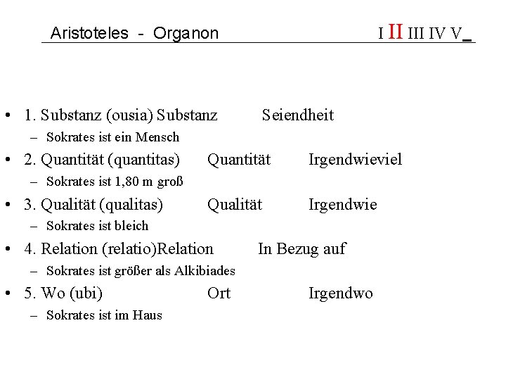 I II IV V Aristoteles - Organon • 1. Substanz (ousia) Substanz Seiendheit –
