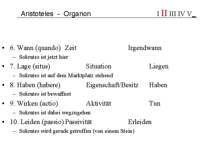 I II IV V Aristoteles - Organon • 6. Wann (quando) Zeit Irgendwann –