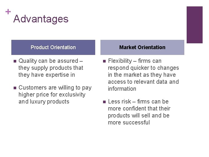 + Advantages Market Orientation Product Orientation n Quality can be assured – they supply