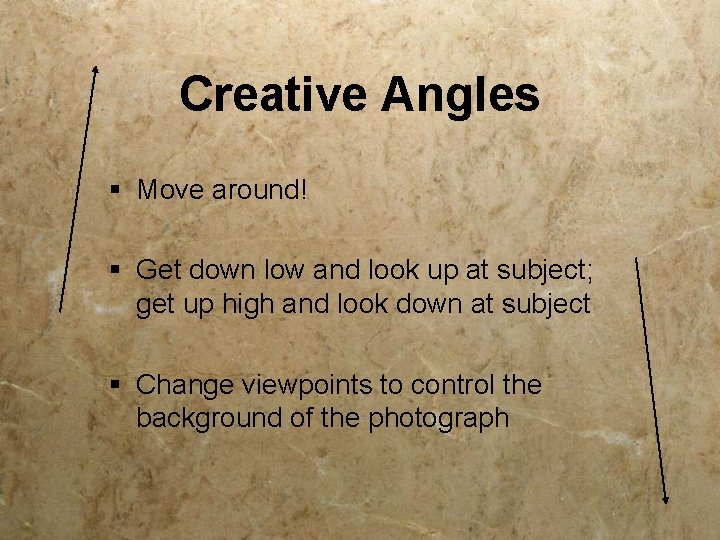 Creative Angles § Move around! § Get down low and look up at subject;