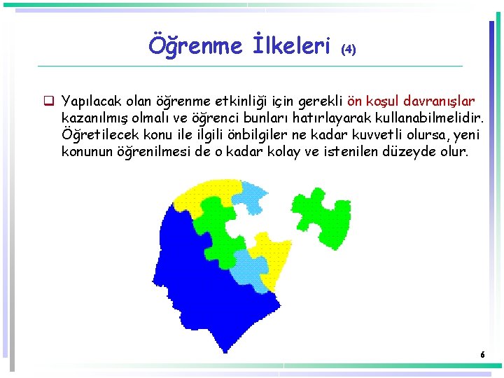 Öğrenme İlkeleri (4) q Yapılacak olan öğrenme etkinliği için gerekli ön koşul davranışlar kazanılmış