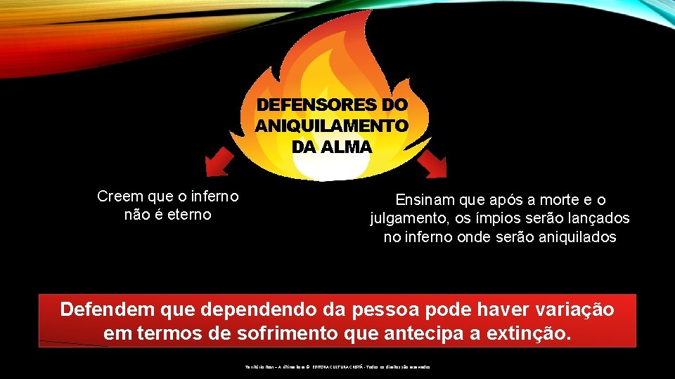 DEFENSORES DO ANIQUILAMENTO DA ALMA Creem que o inferno não é eterno Ensinam que