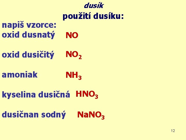 dusík napiš vzorce: oxid dusnatý použití dusíku: NO oxid dusičitý NO 2 amoniak NH