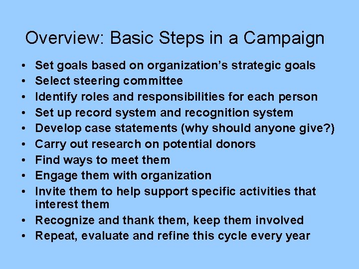 Overview: Basic Steps in a Campaign • • • Set goals based on organization’s