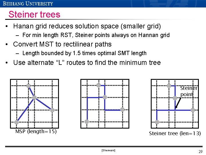 Steiner trees • Hanan grid reduces solution space (smaller grid) – For min length Steiner trees • Hanan grid reduces solution space (smaller grid) – For min length
