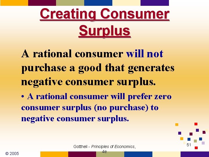 Creating Consumer Surplus A rational consumer will not purchase a good that generates negative