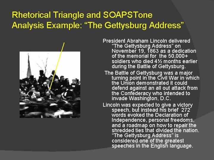 Rhetorical Triangle and SOAPSTone Analysis Example: “The Gettysburg Address” President Abraham Lincoln delivered “The