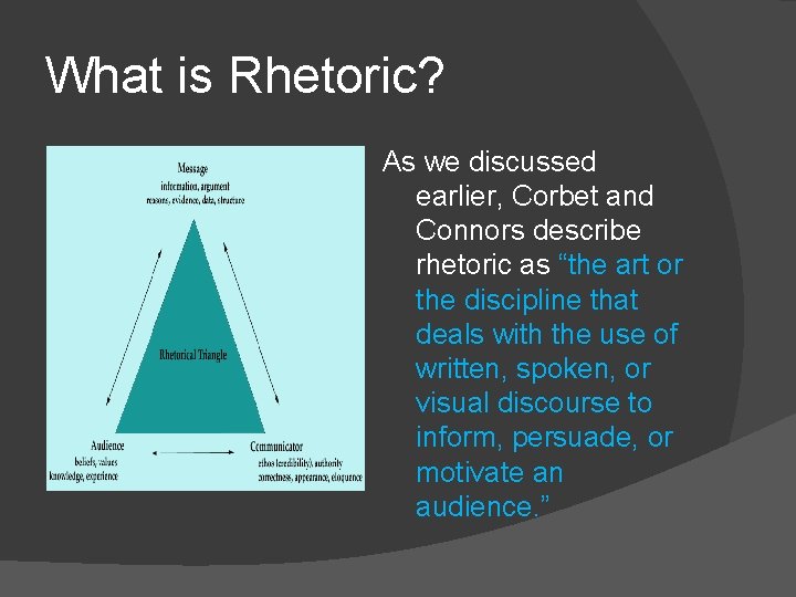 What is Rhetoric? As we discussed earlier, Corbet and Connors describe rhetoric as “the