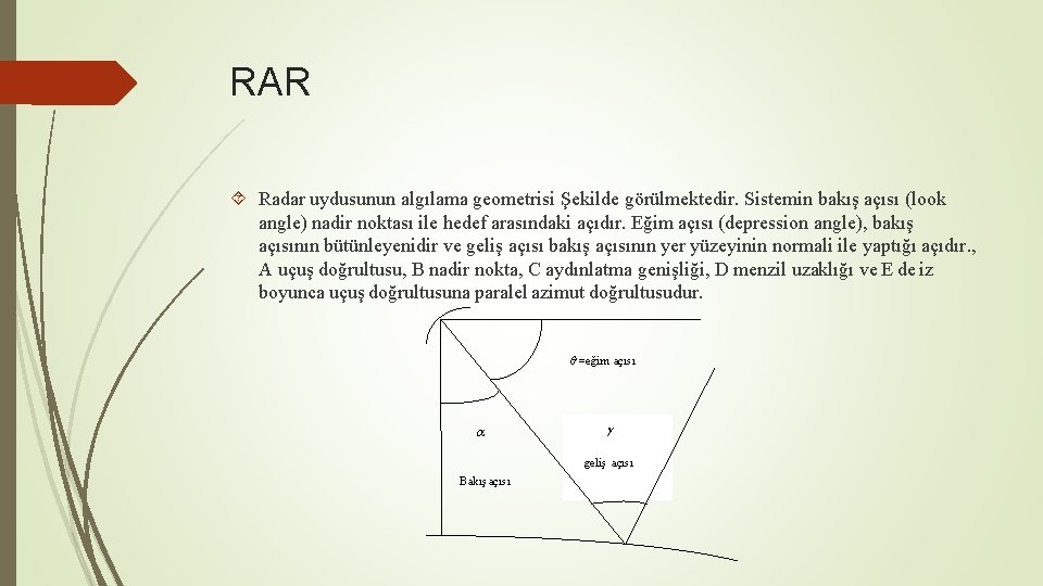 RAR Radar uydusunun algılama geometrisi Şekilde görülmektedir. Sistemin bakış açısı (look angle) nadir noktası