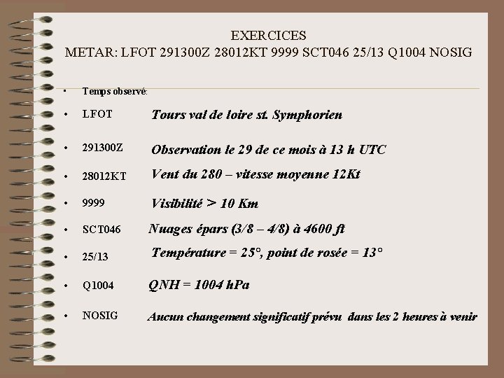 EXERCICES METAR: LFOT 291300 Z 28012 KT 9999 SCT 046 25/13 Q 1004 NOSIG