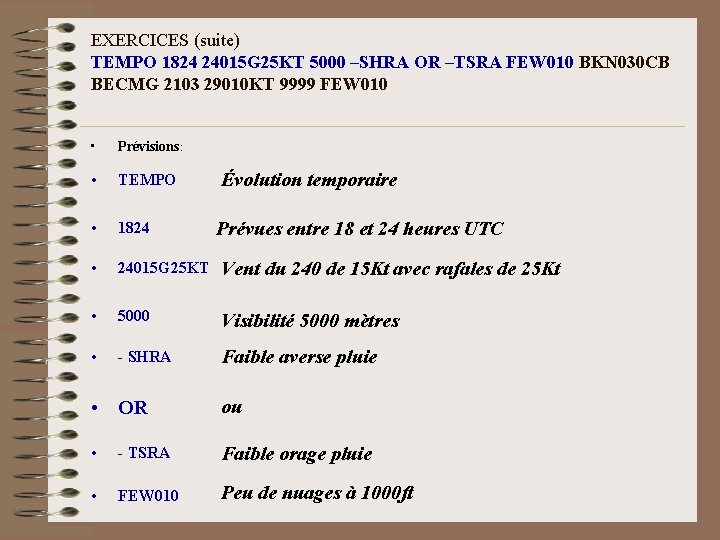 EXERCICES (suite) TEMPO 1824 24015 G 25 KT 5000 –SHRA OR –TSRA FEW 010