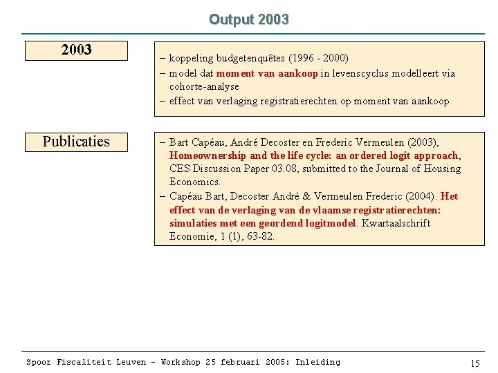 Output 2003 Publicaties – koppeling budgetenquêtes (1996 - 2000) – model dat moment van