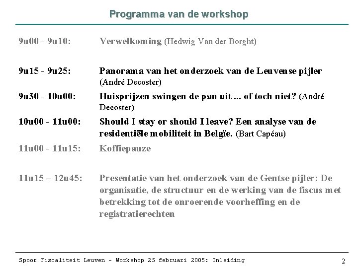 Programma van de workshop 9 u 00 - 9 u 10: Verwelkoming (Hedwig Van