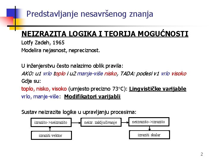 Predstavljanje nesavršenog znanja NEIZRAZITA LOGIKA I TEORIJA MOGUĆNOSTI Lotfy Zadeh, 1965 Modelira nejasnost, nepreciznost.