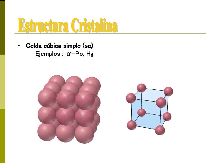  • Celda cúbica simple (sc) – Ejemplos : α-Po, Hg 