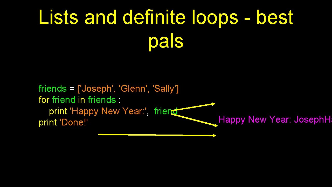 Lists and definite loops - best pals friends = ['Joseph', 'Glenn', 'Sally'] for friend