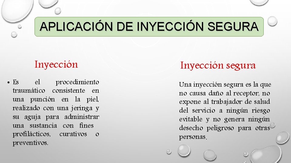 APLICACIÓN DE INYECCIÓN SEGURA Inyección • Es el procedimiento traumático consistente en una punción APLICACIÓN DE INYECCIÓN SEGURA Inyección • Es el procedimiento traumático consistente en una punción