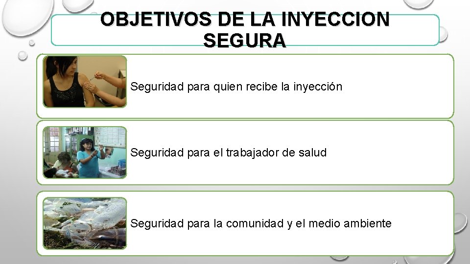 OBJETIVOS DE LA INYECCION SEGURA Seguridad para quien recibe la inyección Seguridad para el OBJETIVOS DE LA INYECCION SEGURA Seguridad para quien recibe la inyección Seguridad para el