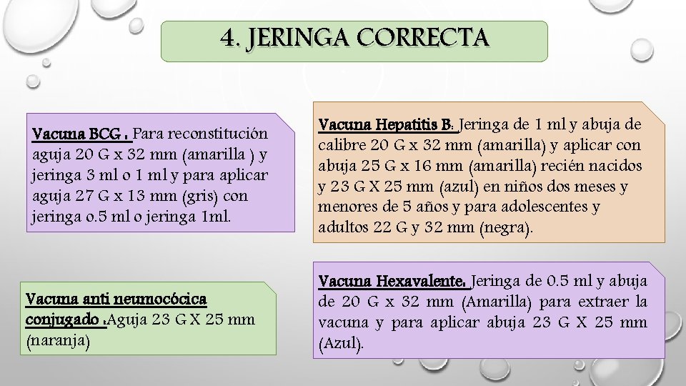 4. JERINGA CORRECTA Vacuna BCG : Para reconstitución aguja 20 G x 32 mm 4. JERINGA CORRECTA Vacuna BCG : Para reconstitución aguja 20 G x 32 mm